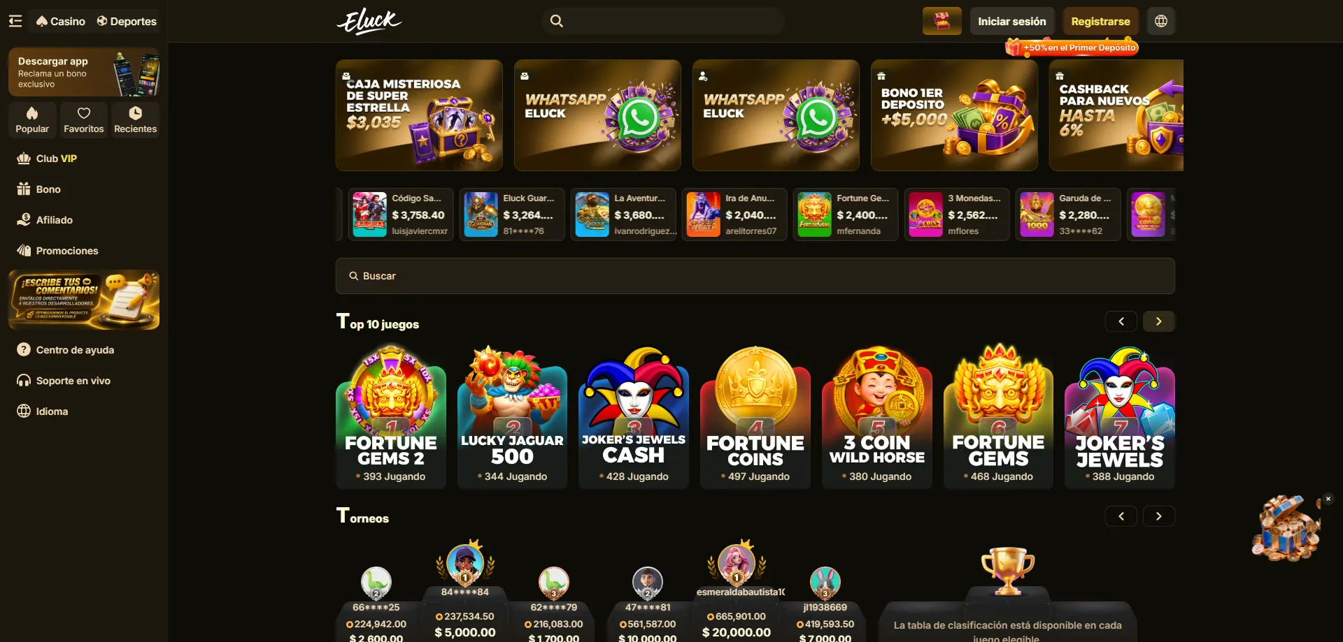 Catálogo de juegos de Eluck Casino — slots, mesas y casino en vivo