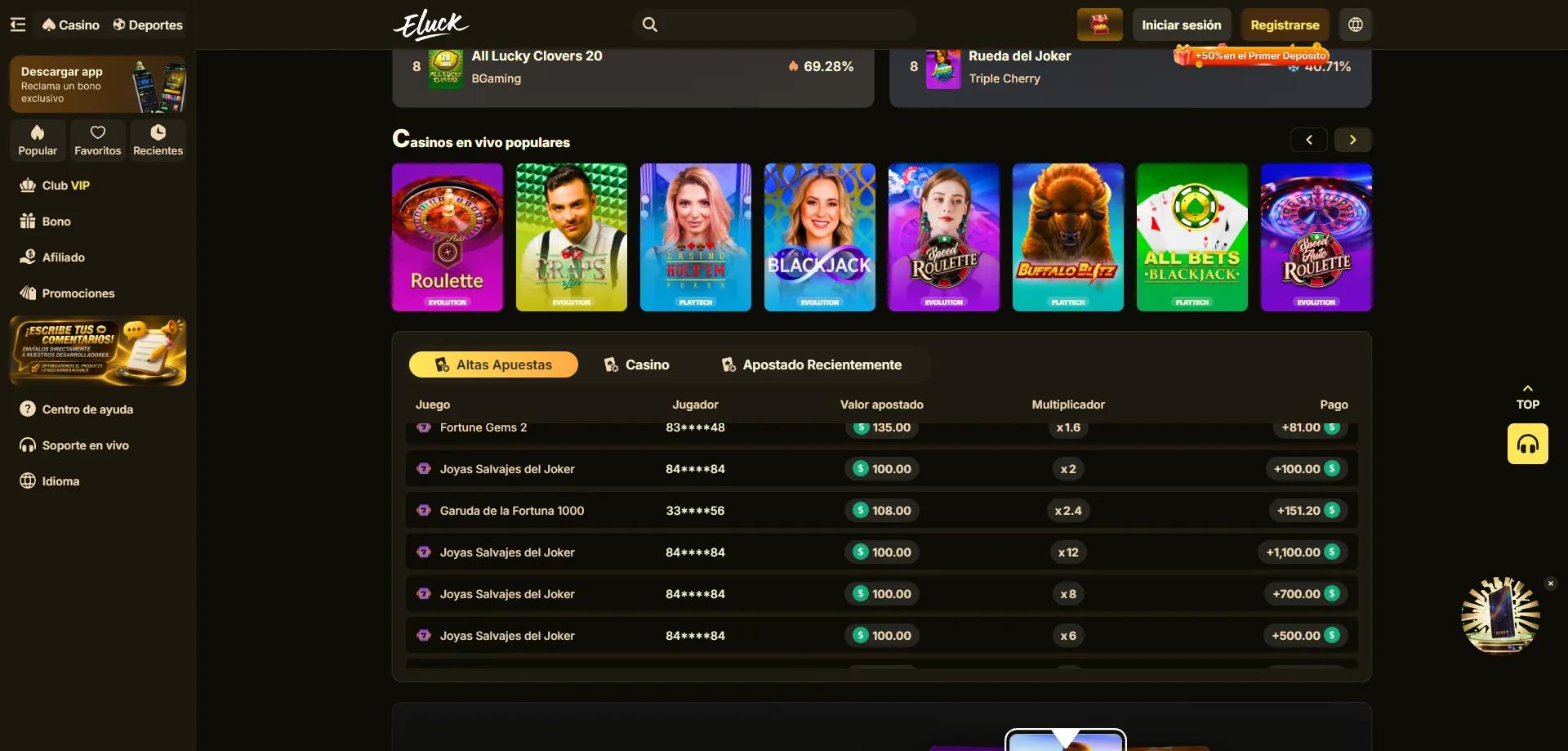 Casino en vivo con crupieres reales en Eluck Casino MX